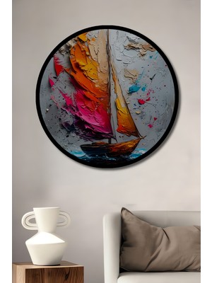 Petmudo AVM Enerjik Yelkenli Manzarası Yağlı Boya Görünümlü Ahşap Tablo Yuvarlak Duvar Tablosu Çerçeve Görünümlü