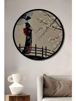 Petmudo AVM Japon Hanımefendisi Kiraz Çiçekleri Köprüsü Ahşap Tablo Yuvarlak Duvar Tablosu Çerçeve Görünümlü