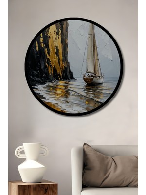 Petmudo AVM Altın Vurgulu Yelkenli Tekne Yağlı Boya Görünüm Ahşap Tablo Yuvarlak Duvar Tablosu Çerçeve Görünüm