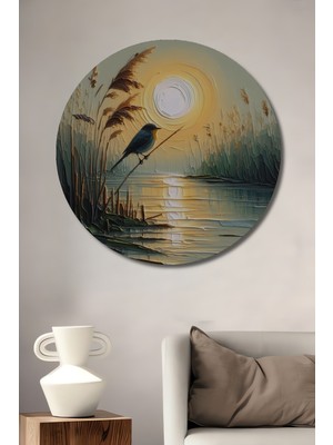 Petmudo AVM Kuşlu Gün Batımı Yağlı Boya Görünümlü Ahşap Dekoratif Tablo Yuvarlak Duvar Tablosu