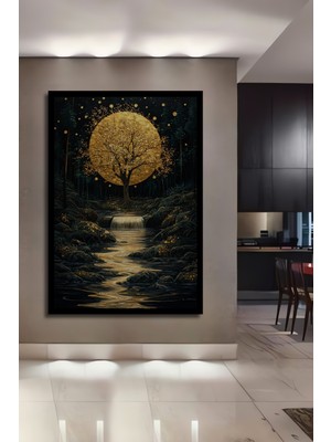 Petmudo AVM Altın Işıltısı Orman Ev,antre,salon,ofis,mutfak,yatak Odası Tablosu Ahşap Çerçeve Görünümlü