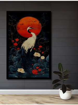 Petmudo AVM Asya Kırmızısı Güneş Turnası Sulu Boya Görünümlü Ahşap Ev,antre,ofis,mutfak Tablo Çerçeve Görünümlü