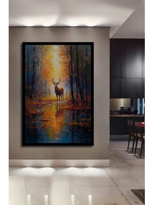 Petmudo AVM Görkemli Ormanda Tek Boynuzlu Geyik Yağlı Boya Görünümlü Ahşap Ev,antre,ofis Tablo Çerçeve Görünümlü