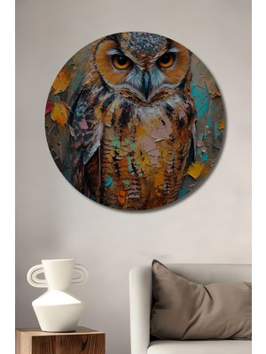 Petmudo AVM Ahşap Üzerine Yağlı Boya Görünümlü Baykuş Sanat Tablosu Yuvarlak Duvar Tablosu