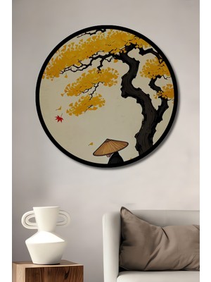 Petmudo AVM Sessiz Huzur Ginkgo Ağacı Efsanesi Sulu Boya Görünümlü Ahşap Tablo Yuvarlak Tablo Çerçeve Görünümlü
