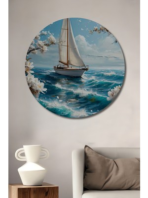 Petmudo AVM Yelkenli Tekne ve Beyaz Çiçekler Yağlı Boya Görünümlü Dekoratif Ahşap Tablo Yuvarlak Duvar Tablosu