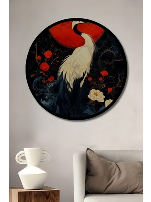 Petmudo AVM Asya Kırmızısı Güneş Turnası Sulu Boya Görünüm Ahşap Tablo Yuvarlak Duvar Tablosu Çerçeve Görünüm