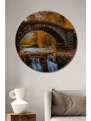 Petmudo AVM Sonbahar Yapraklı Taş Köprü Manzaralı Yağlı Boya Görünümlü Ahşap Tablo Yuvarlak Duvar Tablosu
