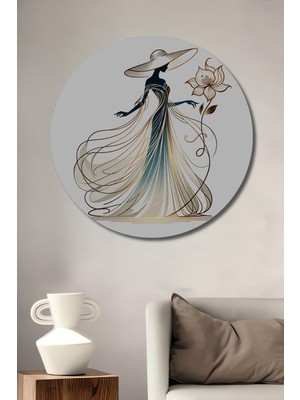 Petmudo AVM Zarif Kadın ve Narin Çiçek Baskılı Ahşap Dekoratif Tablo Yuvarlak Duvar Tablosu