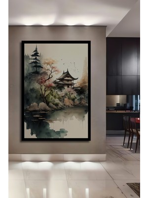 Petmudo AVM Japon Tapınağı Sulu Boya Görünümlü Ahşap Ev,antre,ofis,mutfak,yatak Odası Tablo Çerçeve Görünümlü