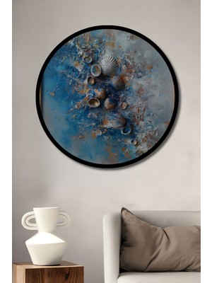 Petmudo AVM Deniz Kabukları Soyut Yağlı Boya Görünümlü Ahşap Tablo Yuvarlak Duvar Tablosu Çerçeve Görünümlü