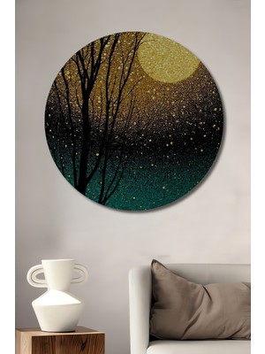 Petmudo AVM Altın Varak Görünümlü Ağaç ve Ay Temalı Modern Sanat Ahşap Dekoratif Tablo Yuvarlak Duvar Tablosu