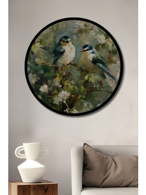 Petmudo AVM Iki Kuşun Huzurlu Anı Yağlı Boya Görünümlü Ahşap Tablo Yuvarlak Duvar Tablosu Çerçeve Görünümlü