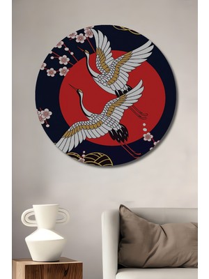 Petmudo AVM Uçan Turna Sürüsü Yağlı Boya Görünümlü Ahşap Dekoratif Tablo Yuvarlak Duvar Tablosu