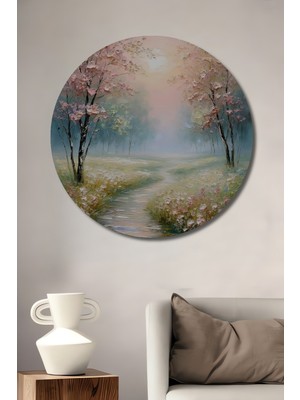 Petmudo AVM Saklı Bahçe Manzarası Yağlı Boya Görünümlü Ahşap Dekoratif Tablo Yuvarlak Duvar Tablosu