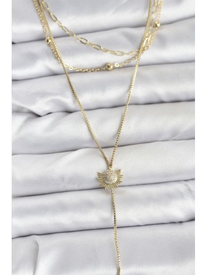 Ayder Timya Pirinç Gold Renk Zirkon Taşlı Güneş Model Detaylı 3'lü Kombin Y Kadın Kolye - TJ-BKO10698 TG/Tmya1395 226240