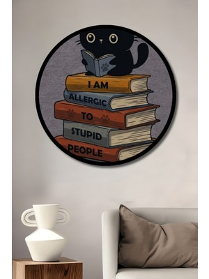 Petmudo AVM Sevimli Kara Kedi Kitap Okuyor Sulu Boya Görünüm Ahşap Tablo Yuvarlak Duvar Tablosu Çerçeve Görünüm