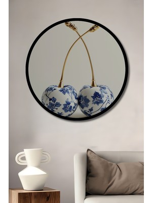 Petmudo AVM Altın Saplı Çiçek Desenli Seramik Kiraz Ahşap Tablo Yuvarlak Duvar Tablosu Çerçeve Görünümlü