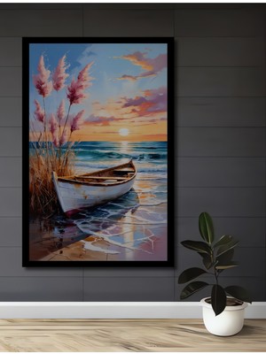 Petmudo AVM Sahilde Tekne Sulu Boya Görünümlü Ahşap Ev,antre,ofis,mutfak,yatak Odası Tablo Çerçeve Görünümlü