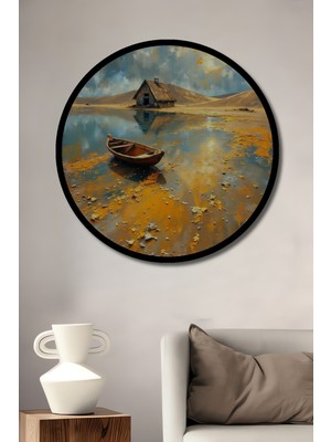 Petmudo AVM Yalnız Kulübe ve Tekne Yağlı Boya Görünümlü Ahşap Tablo Yuvarlak Duvar Tablosu Çerçeve Görünümlü