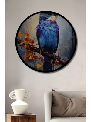 Petmudo AVM Canlı Tüylü Kuş Yağlı Boya Görünümlü Ahşap Dekoratif Tablo Yuvarlak Duvar Tablosu Çerçeve Görünümlü