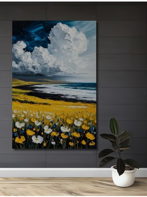 Petmudo AVM Muhteşem Çiçek Tarlası ve Dalgalı Deniz Yağlı Boya Görünümlü Ahşap Dekoratif Ev,antre,salon Tablo