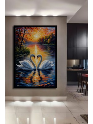Petmudo AVM Aşk Dolu Kuğu Çifti Sonsuzluk Sanatı Yağlı Boya Görünümlü Ahşap Dekoratif  Tablo Çerçeve Görünümlü