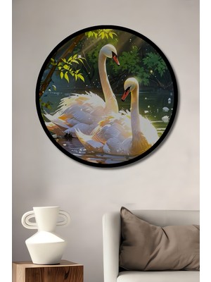 Petmudo AVM Büyülü Ormanda Aşk Seli Iki Kuğu Yağlı Boya Görünümlü Ahşap Tablo Yuvarlak Tablo Çerçeve Görünümlü