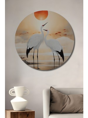 Petmudo AVM Büyük Kırmızı Güneş ve Iki Beyaz Turna Kuşu Yağlı Boya Görünümlü Ahşap Tablo Yuvarlak Duvar Tablosu