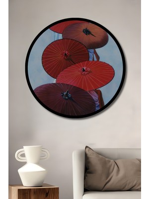 Petmudo AVM Kırmızı Şemsiye Yağlı Boya Görünümlü Ahşap Dekoratif Tablo Yuvarlak Duvar Tablosu Çerçeve Görünümlü