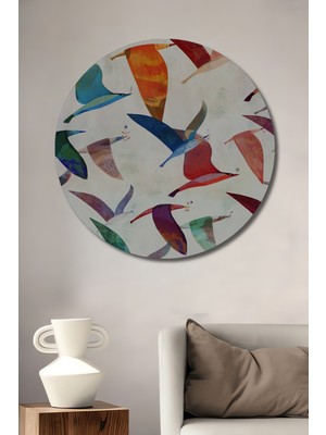 Petmudo AVM Kanat Sesleri Sulu Boya Görünümlü Ahşap Dekoratif Tablo Yuvarlak Duvar Tablosu