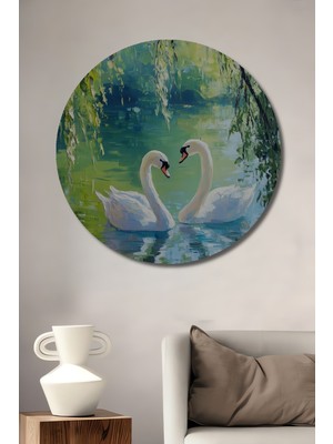 Petmudo AVM Romantik Sevgi Dolu Kuğular Yağlı Boya Görünümlü Ahşap Dekoratif Tablo Yuvarlak Duvar Tablosu