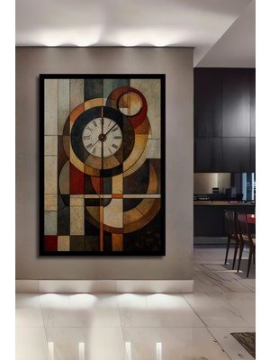 Petmudo AVM Soyut Geometrik Saat Antre,salon,ofis,mutfak Tablosu Yağlı Boya Görünümlü Ahşap Çerçeve Görünümlü