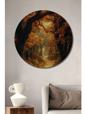 Petmudo AVM Büyülü Sonbahar Ormanı Yağlı Boya Görünümlü Ahşap Dekoratif Tablo Yuvarlak Duvar Tablosu