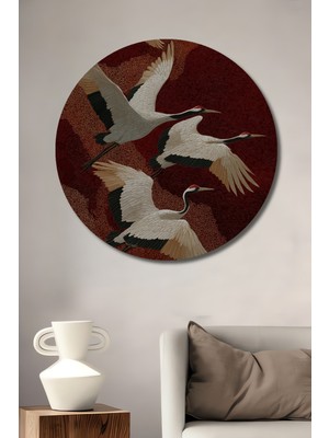 Petmudo AVM Uçan Turnalar Yağlı Boya Görünümlü Ahşap Dekoratif Tablo Yuvarlak Duvar Tablosu