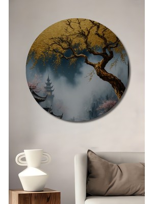 Petmudo AVM Altın Yapraklı Ağaç ve Geleneksel Japon Köyü Yağlı Boya Görünümlü Ahşap Tablo Yuvarlak Duvar Tablosu
