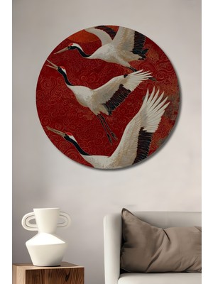 Petmudo AVM Kızıl Vaha Leylekleri Sulu Boya Görünümlü Dekoratif Ahşap Tablo Yuvarlak Duvar Tablosu