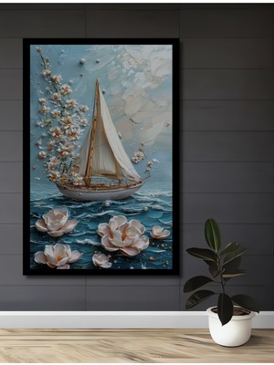 Petmudo AVM Ahşap Üzeri Yağlı Boya Görünümlü Yelkenli ve Çiçek Temalı Ev,antre,ofis Tablo Çerçeve Görünümlü