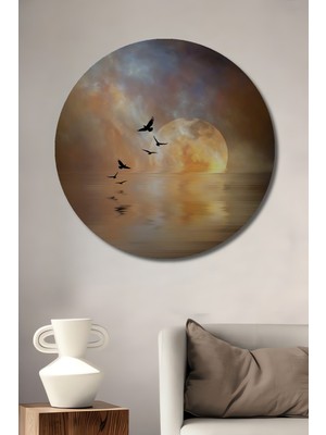 Petmudo AVM Ay Işığı Kuşları Yağlı Boya Görünümlü Ahşap Dekoratif Tablo Yuvarlak Duvar Tablosu