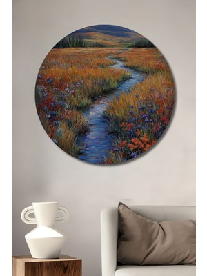 Petmudo AVM Bahar Çiçekleri Arasından Akan Dere Yağlı Boya Görünümlü Ahşap Tablo Yuvarlak Duvar Tablosu