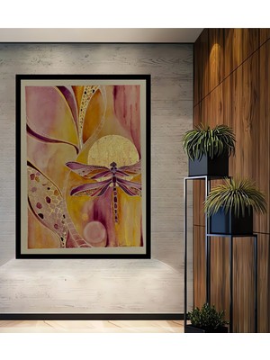 Petmudo AVM Sulu Boya Görünümlü Yaldızlı Kelebek ve Altın Güneş Ahşap Ofis,mutfak Tablo Çerçeve Görünümlü