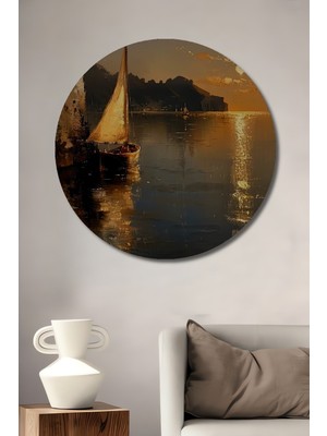 Petmudo AVM Gün Batımı Tekne Manzarası Yağlı Boya Görünümlü Dekoratif Ahşap Tablo Yuvarlak Duvar Tablosu