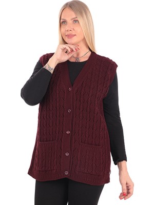 İKSUN Kadın V Yaka Kışlık Kalın Yün Zincir Modelli Triko Düğmeli Cepli Anne Yelek