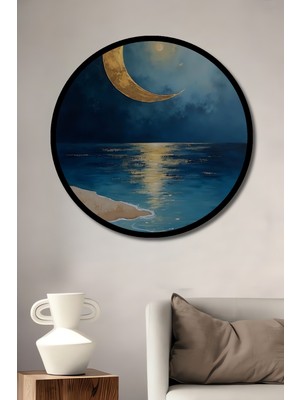 Petmudo AVM Altın Hilal Ay ve Deniz Manzarası Görünüm Modern Sanat Ahşap Tablo Yuvarlak Tablo Çerçeve Görünüm