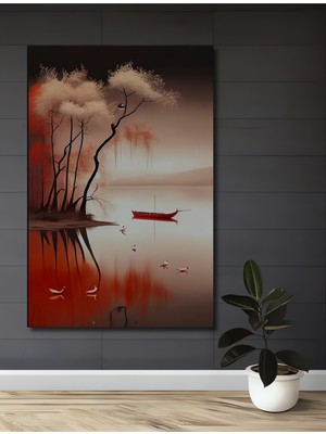 Petmudo AVM Oriental Manzara Kırmızı Tekne Sulu Boya Görünümlü Dekoratif Ahşap Ev,antre,salon,ofis,mutfak Tablo