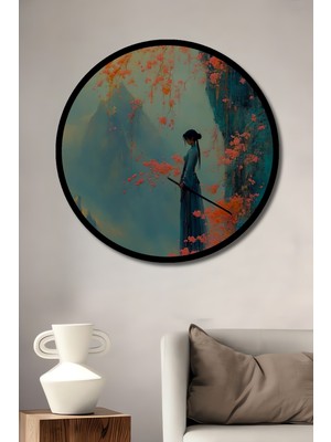 Petmudo AVM Genç Samuray Geyşa Kiraz Çiçekleri Yağlı Boya Görünümlü Ahşap Tablo Yuvarlak Tablo Çerçeve Görünümlü