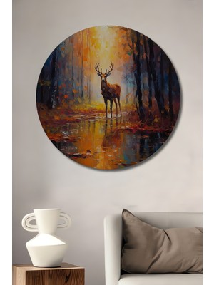 Petmudo AVM Görkemli Ormanda Tek Boynuzlu Geyik Yağlı Boya Görünümlü Ahşap Tablo Yuvarlak Duvar Tablosu