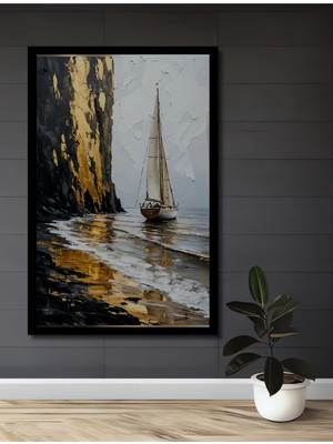 Petmudo AVM Altın Vurgulu Yelkenli Tekne Yağlı Boya Görünümlü Ahşap Ev,antre,ofis,mutfak Tablo Çerçeve Görünümlü