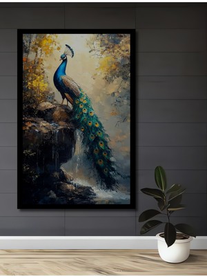 Petmudo AVM Görkemli Tavuskuşu Yağlı Boya Görünümlü Dekoratif Ahşap Ofis,mutfak, Tablo Çerçeve Görünümlü