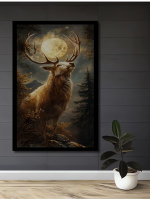 Petmudo AVM Büyülü Orman Geyikli Yağlı Boya Görünümlü Ahşap Ev,antre,salon,ofis,mutfak Tablo Çerçeve Görünümlü